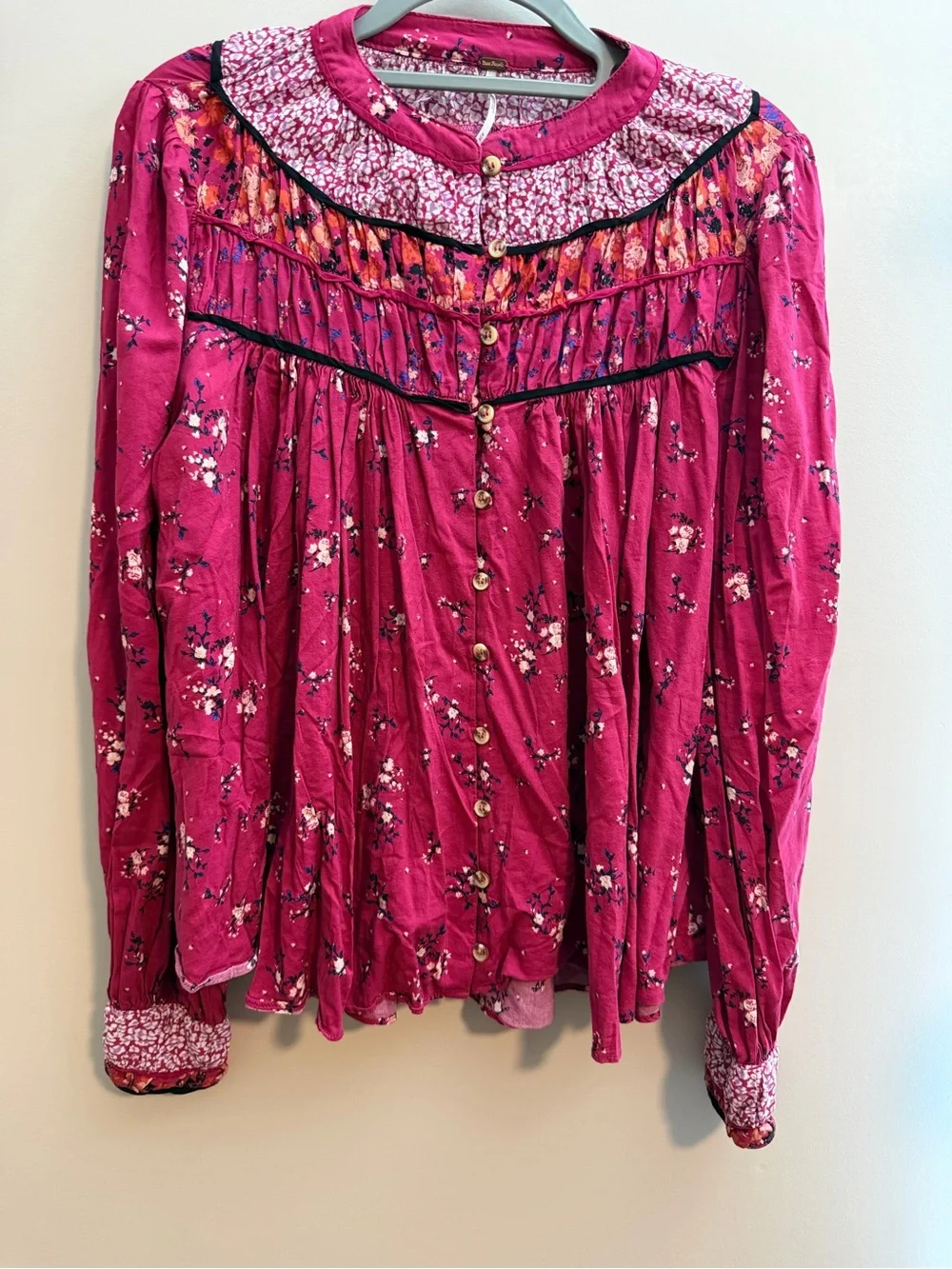 Free People Floral Smocked Yoke Blouse - Raspberry
